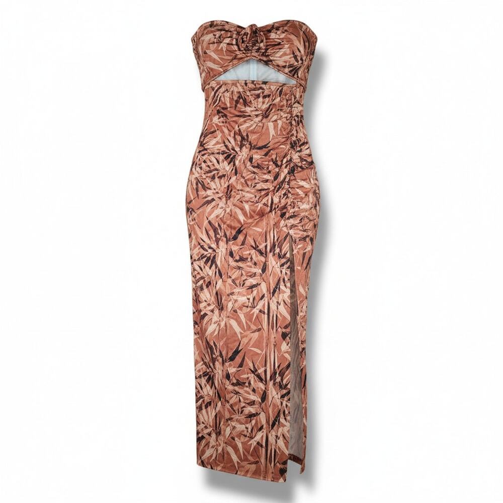 SHEIN women's Tan Tropical Leaf Ruched Cut-Out Maxi Dress Size Large